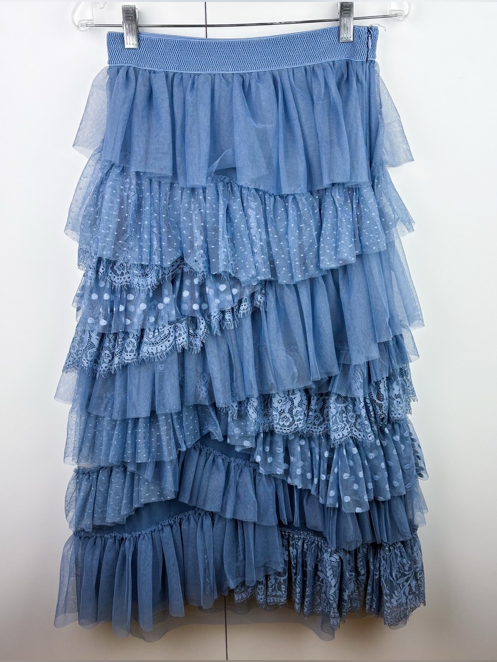 Anthropologie Ruffled Tulle Midi Skirt Blue Polka Dot Lace Layered Small - Picture 2 of 7